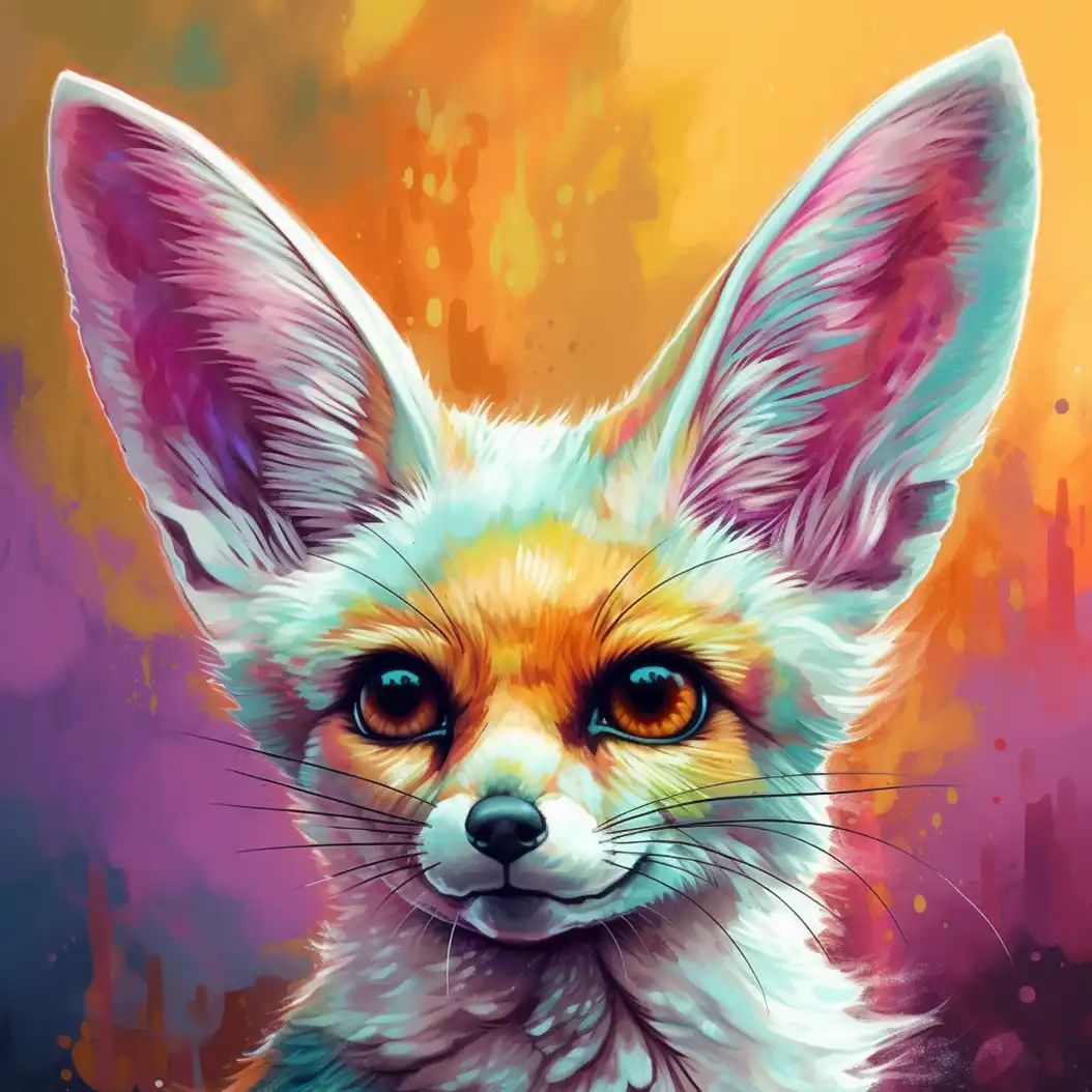 Colorful portrait of a fennec fox with oversized ears and vibrant fantasy-style fur.