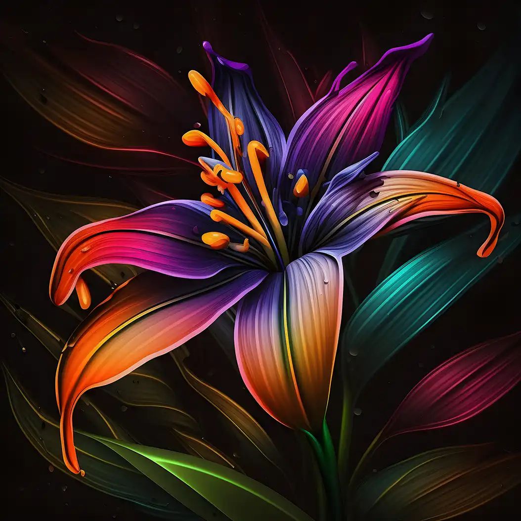 Elegant rain lily flower with vivid neon petals and dramatic lighting effects.