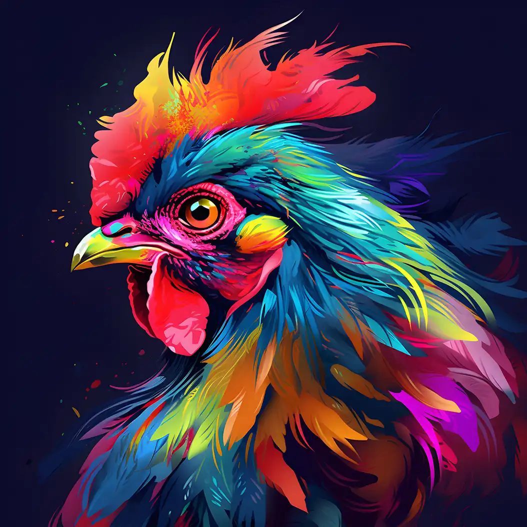 Bright colorful rooster portrait with vivid feathers and expressive fantasy style.