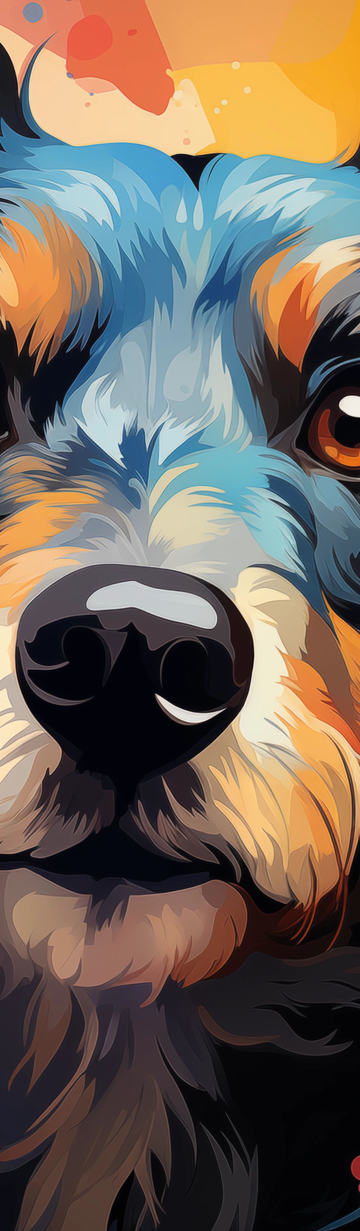A pop art style portrait of a dog with blue and orange fur, amber eyes, and a black nose against a colorful gradient background with geometric shapes and splatter effects