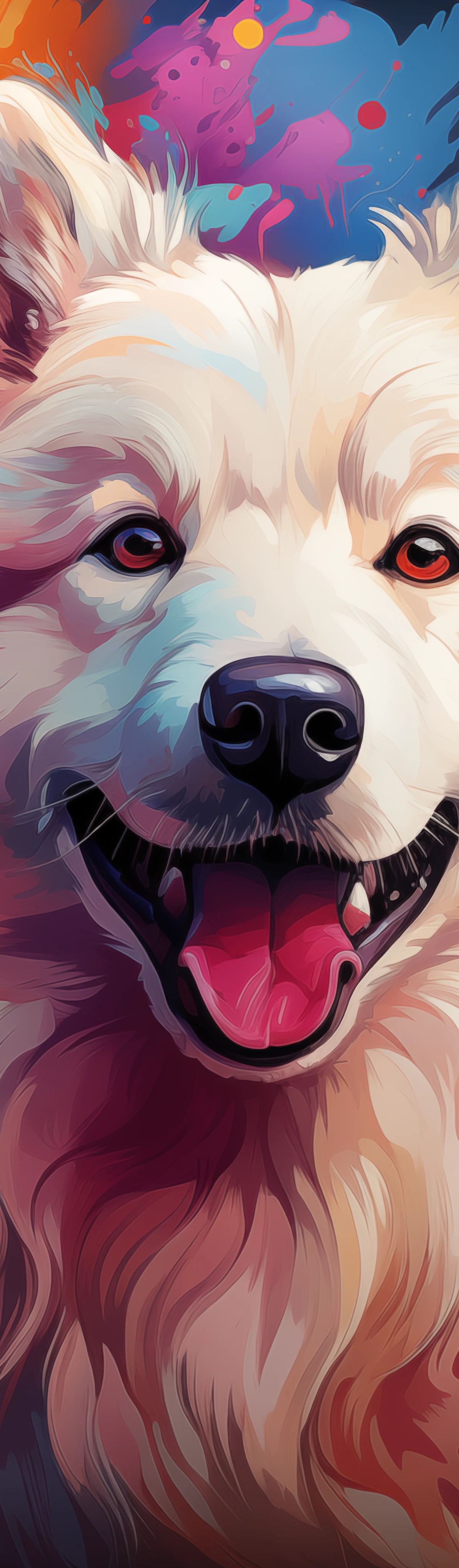 A white fluffy dog with pink tongue and red eyes, smiling happily, surrounded by colorful paint splashes and abstract swirls in warm and cool tones