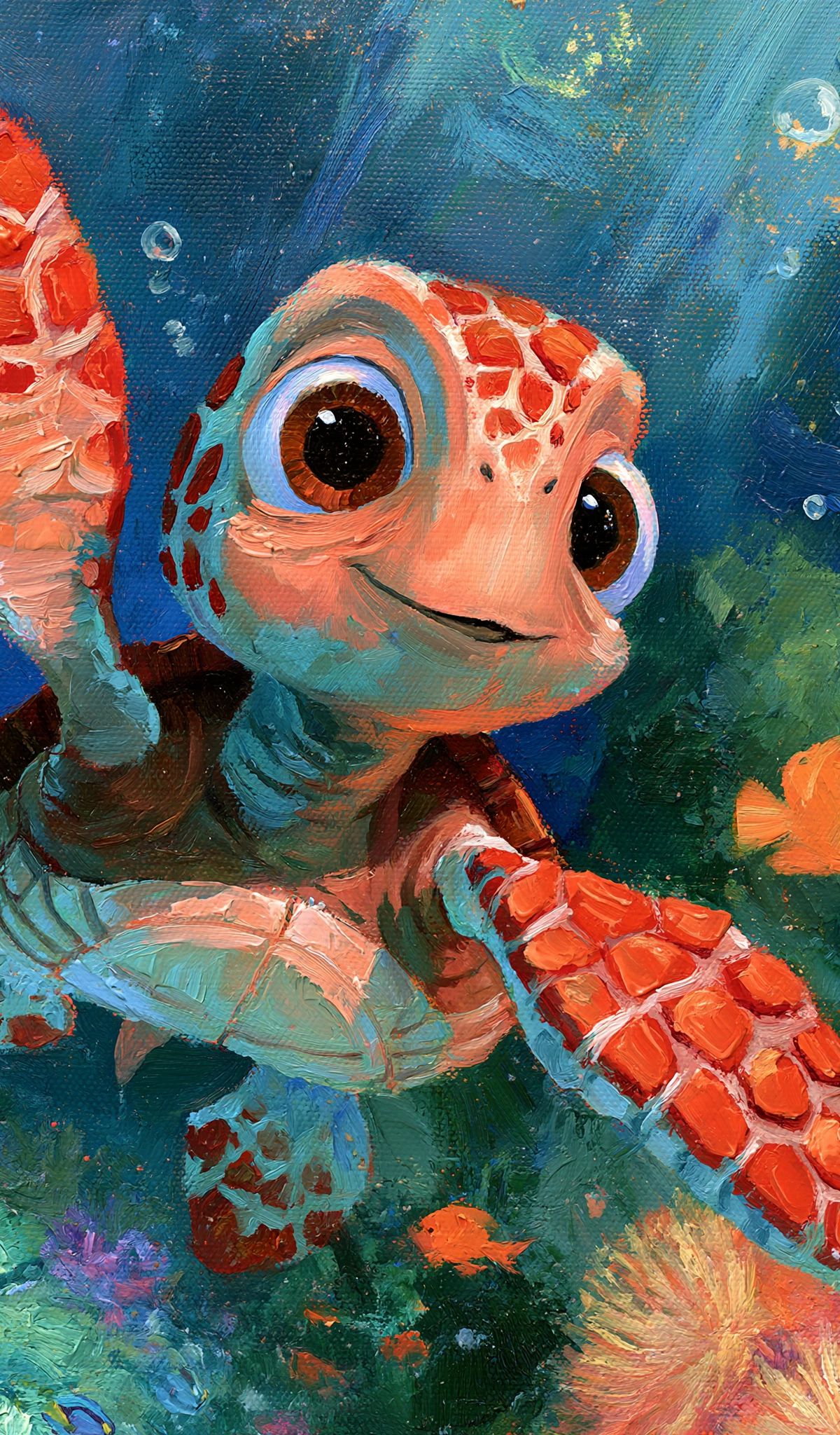 A painted sea turtle with large expressive eyes and red patterned shell swimming through a colorful coral reef surrounded by small fish and sea plants in shades of blue, orange, and green.