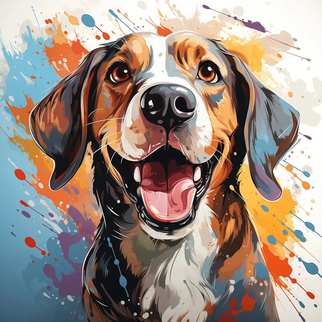 Colorful illustrated beagle dog with mouth open in a happy expression, surrounded by vibrant splashes of orange, blue, and purple paint.