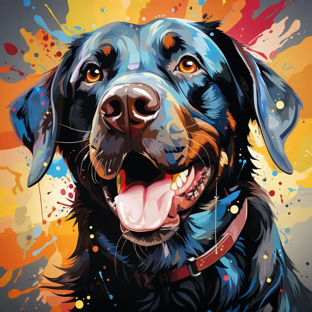 Vibrant digital illustration of a happy black Labrador retriever with tongue out against a colorful paint-splattered background.