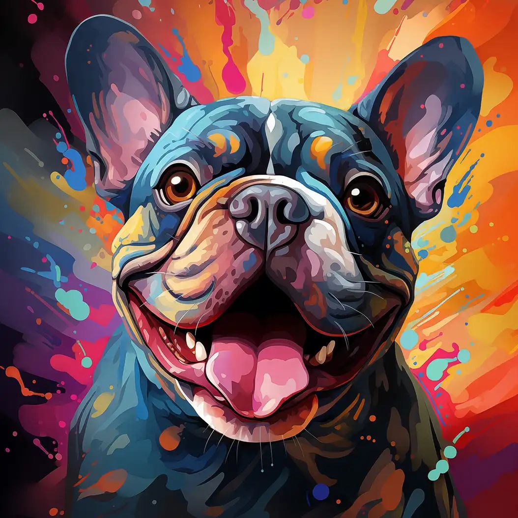Vibrant digital illustration of a smiling French bulldog with a colorful paint splatter background in orange, blue, and pink hues.
