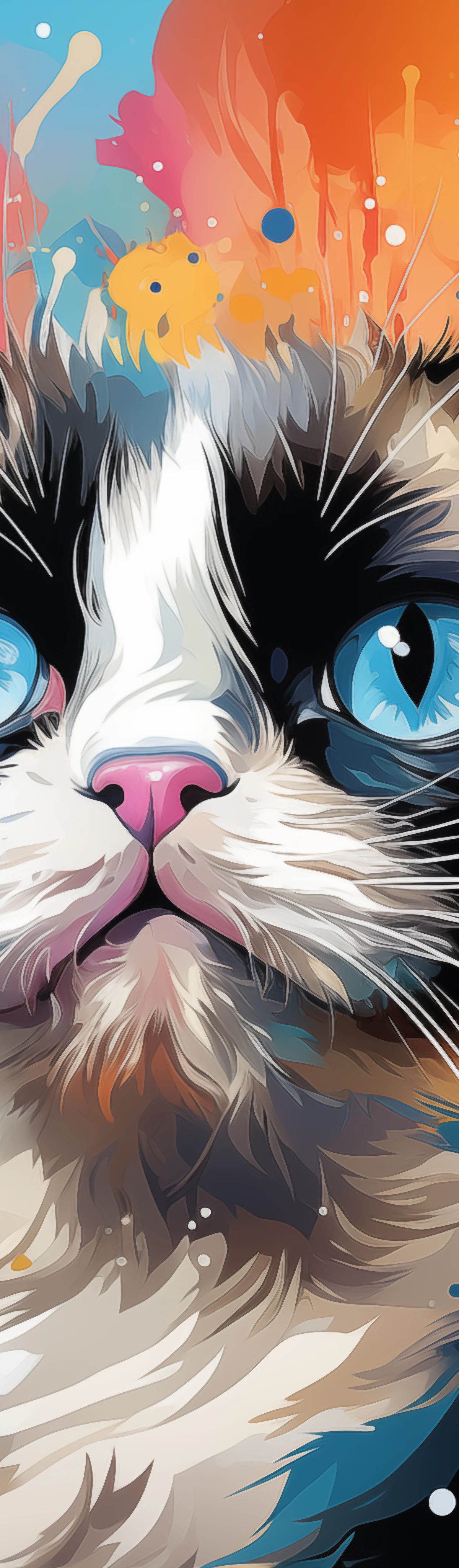 A digital illustration of a fluffy black and white cat with bright blue eyes, surrounded by colorful paint splatters and abstract designs in blue, orange, pink, and yellow tones