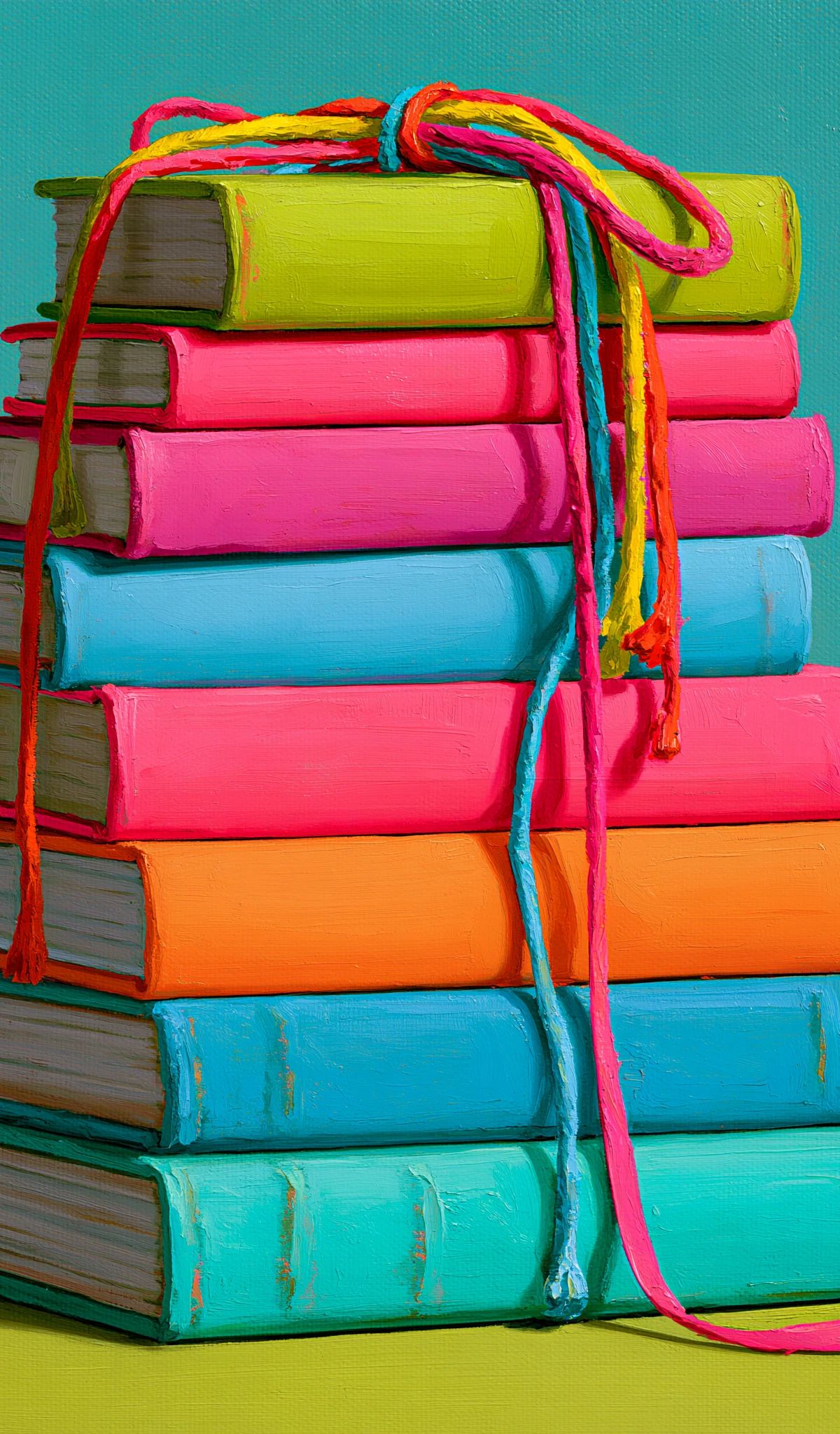 A stack of nine books with brightly colored spines in yellow, pink, blue, orange, and turquoise, bound together with a multicolored braided rope, photographed against a turquoise wall and lime green surface.