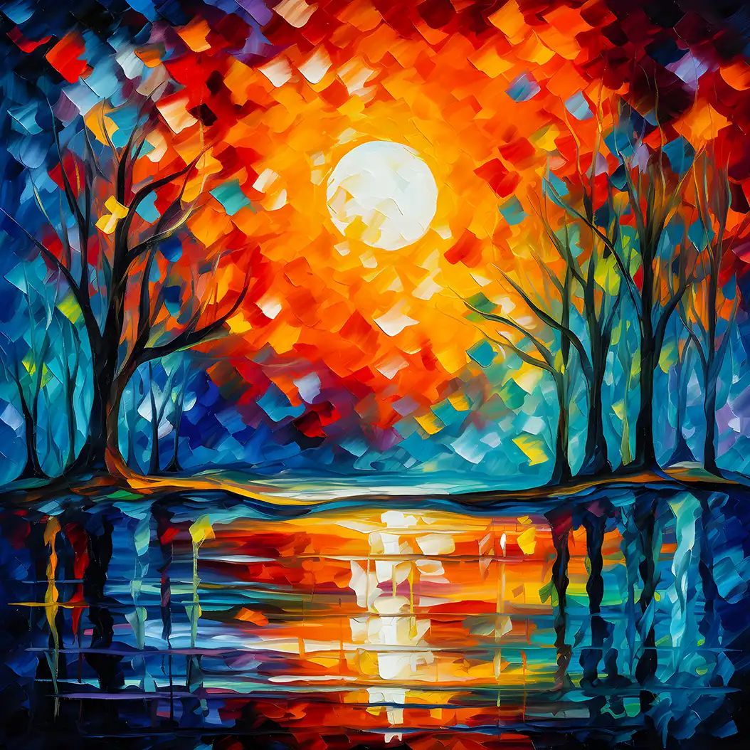 An impressionistic, vibrantly colorful palette knife painting of a sunset over water with silhouetted trees and reflections.