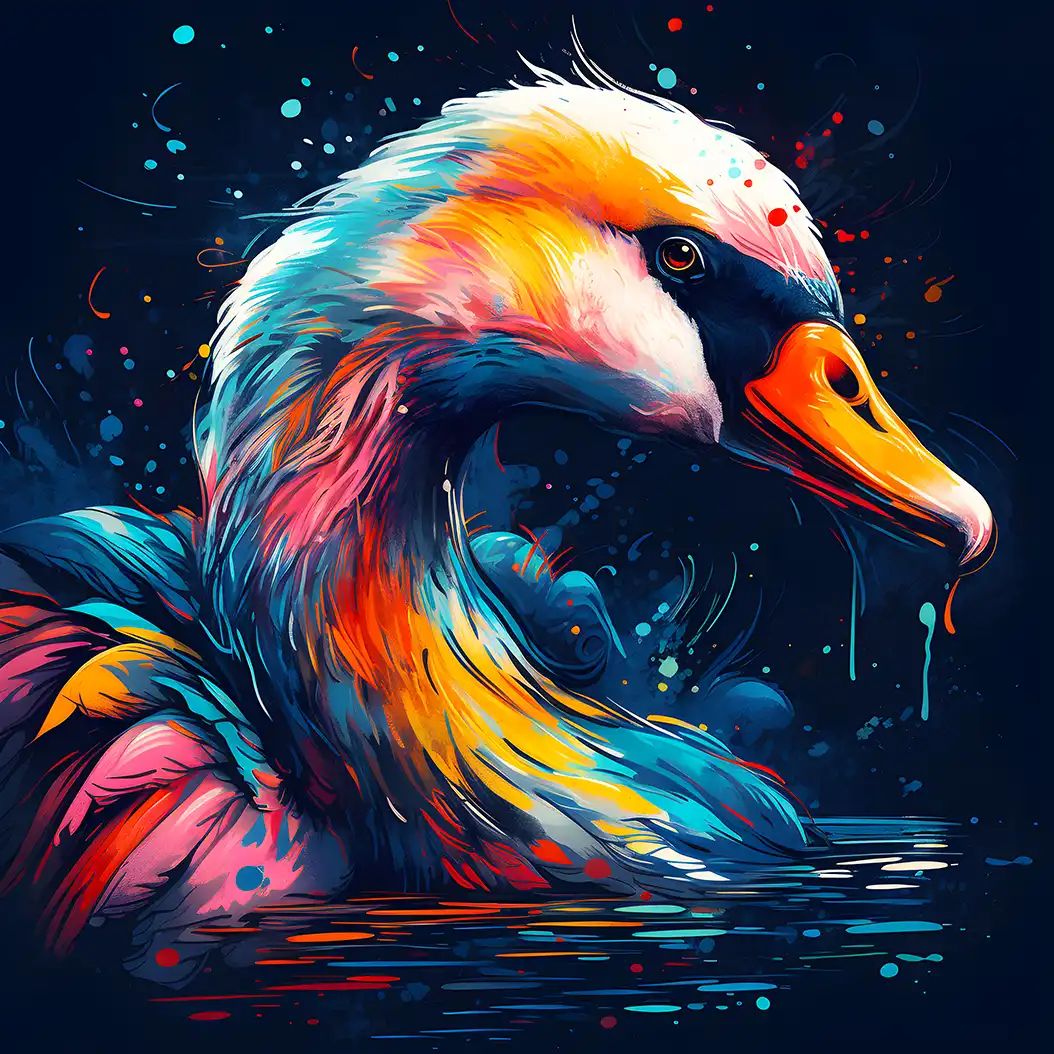 Majestic swan portrait with glowing colorful feathers and fantasy lighting.