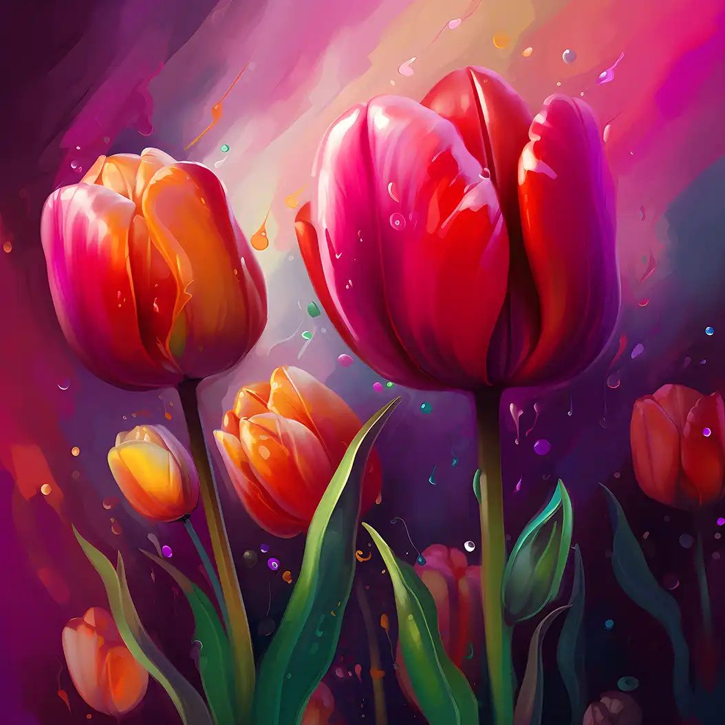 Digital painting of red and orange tulips with green leaves against a purple and pink gradient background with scattered paint droplets.