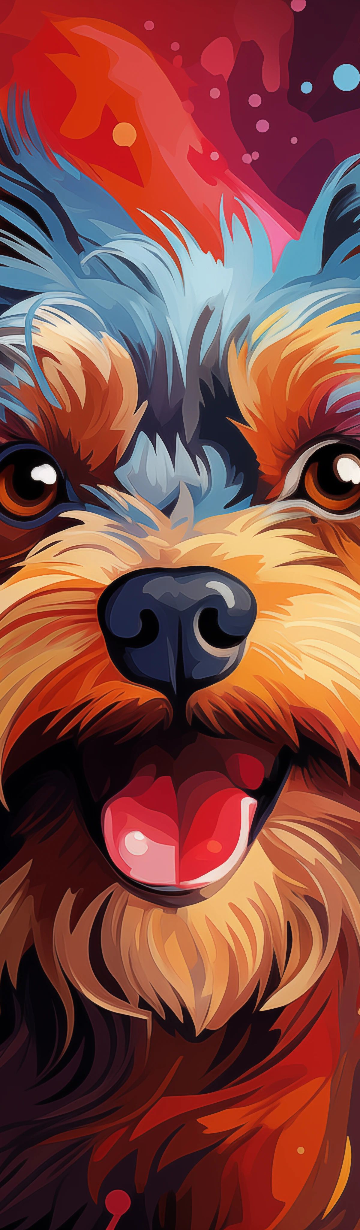 A colorful pop art style illustration of a small dog with long fluffy ears and beard, featuring orange, blue, and red colors against a vibrant purple background with decorative dots and splashes.
