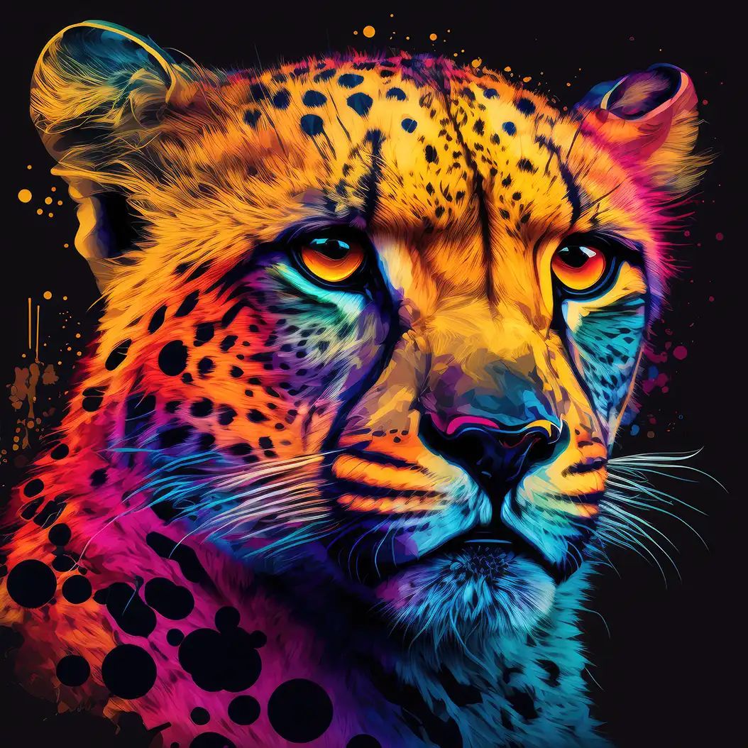 Neon-inspired portrait of a cheetah with glowing eyes and vibrant abstract fur patterns.