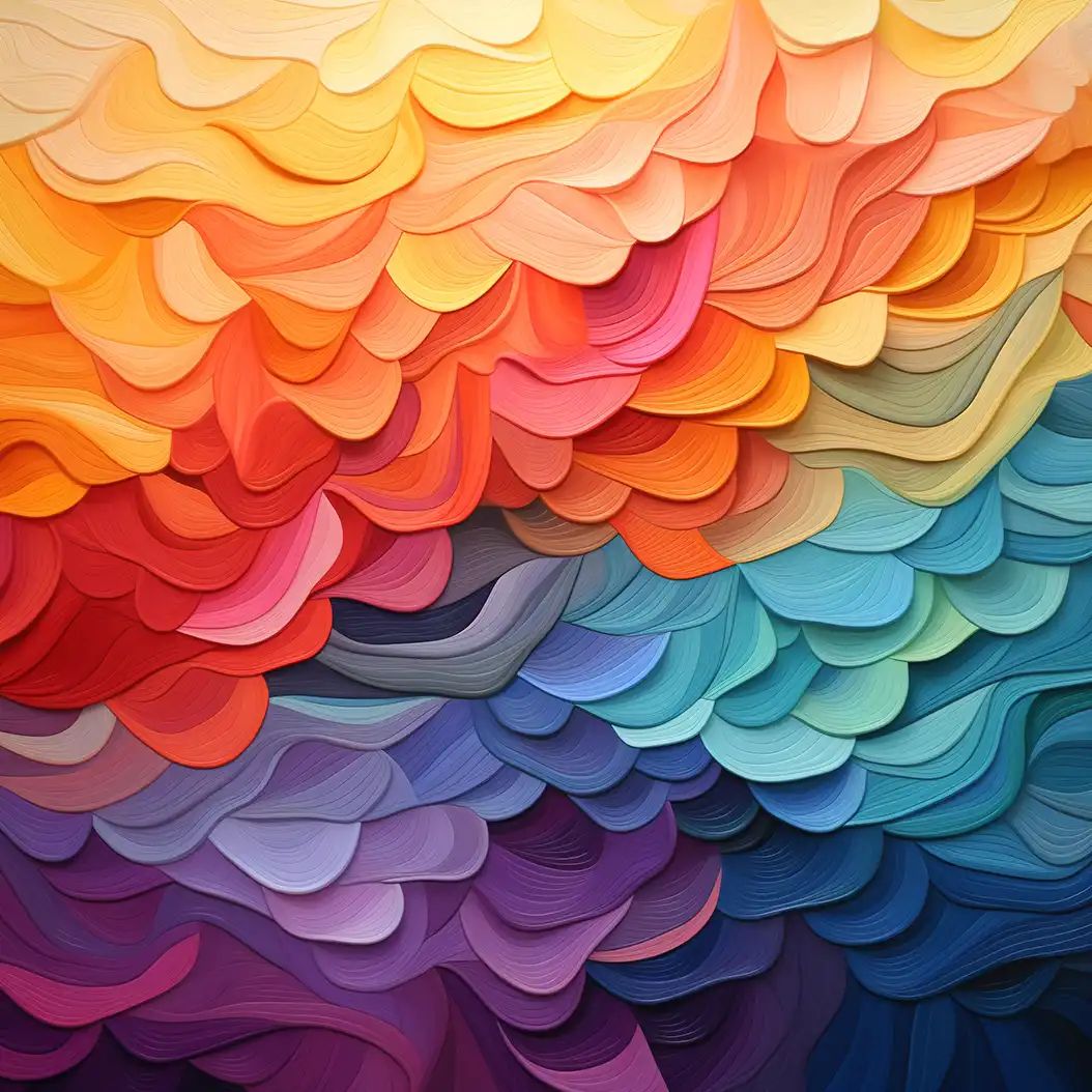 An abstract image showing a gradient of layered, wavy shapes in colors ranging from yellow and orange to red, purple, and blue.