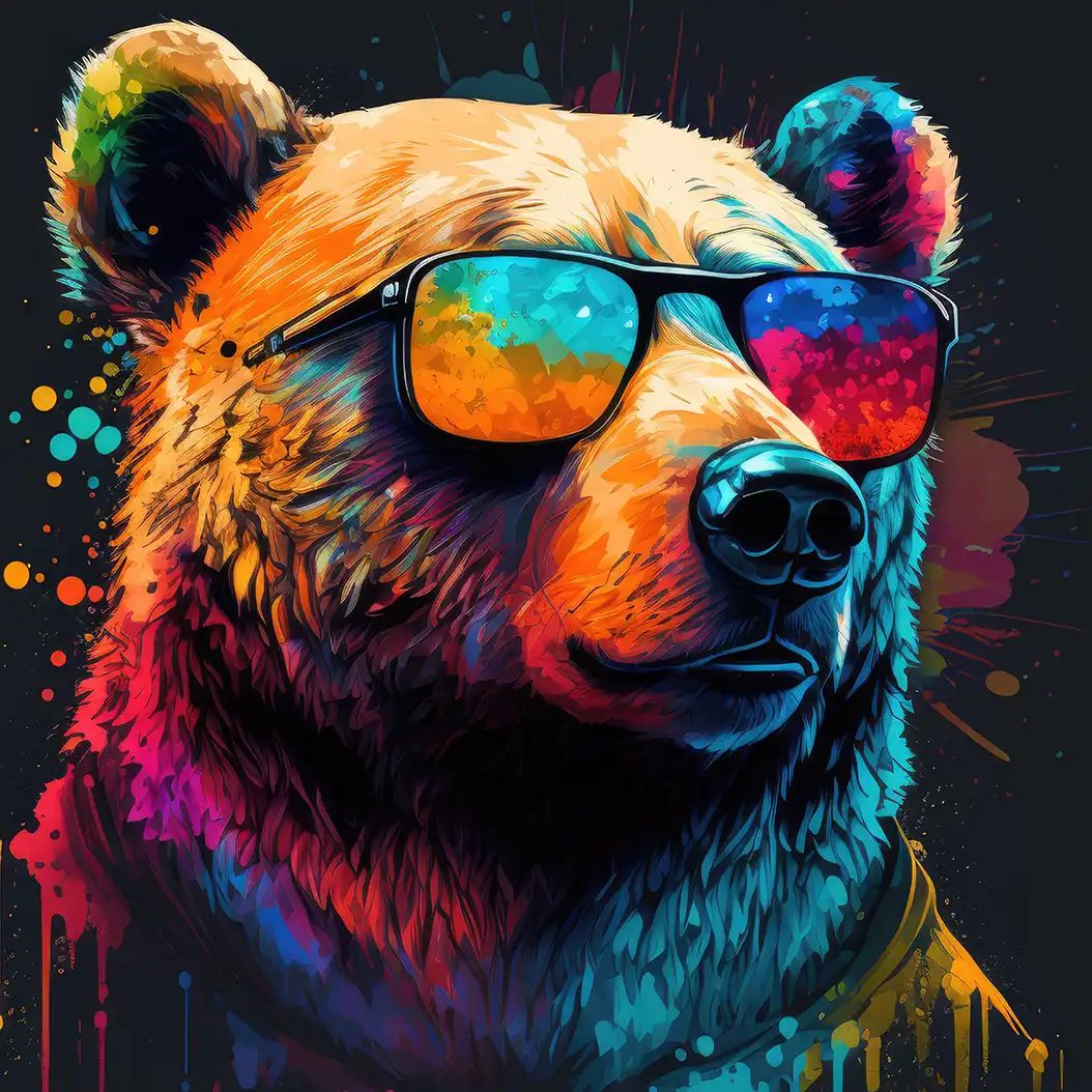 Neon-style portrait of a bear wearing reflective sunglasses with vibrant colorful fur.