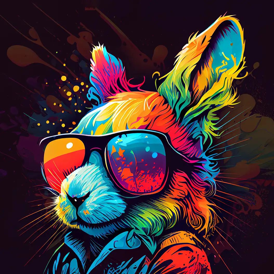 Colorful pop-art style rabbit wearing sunglasses with rainbow-streaked fur against a black splattered background.