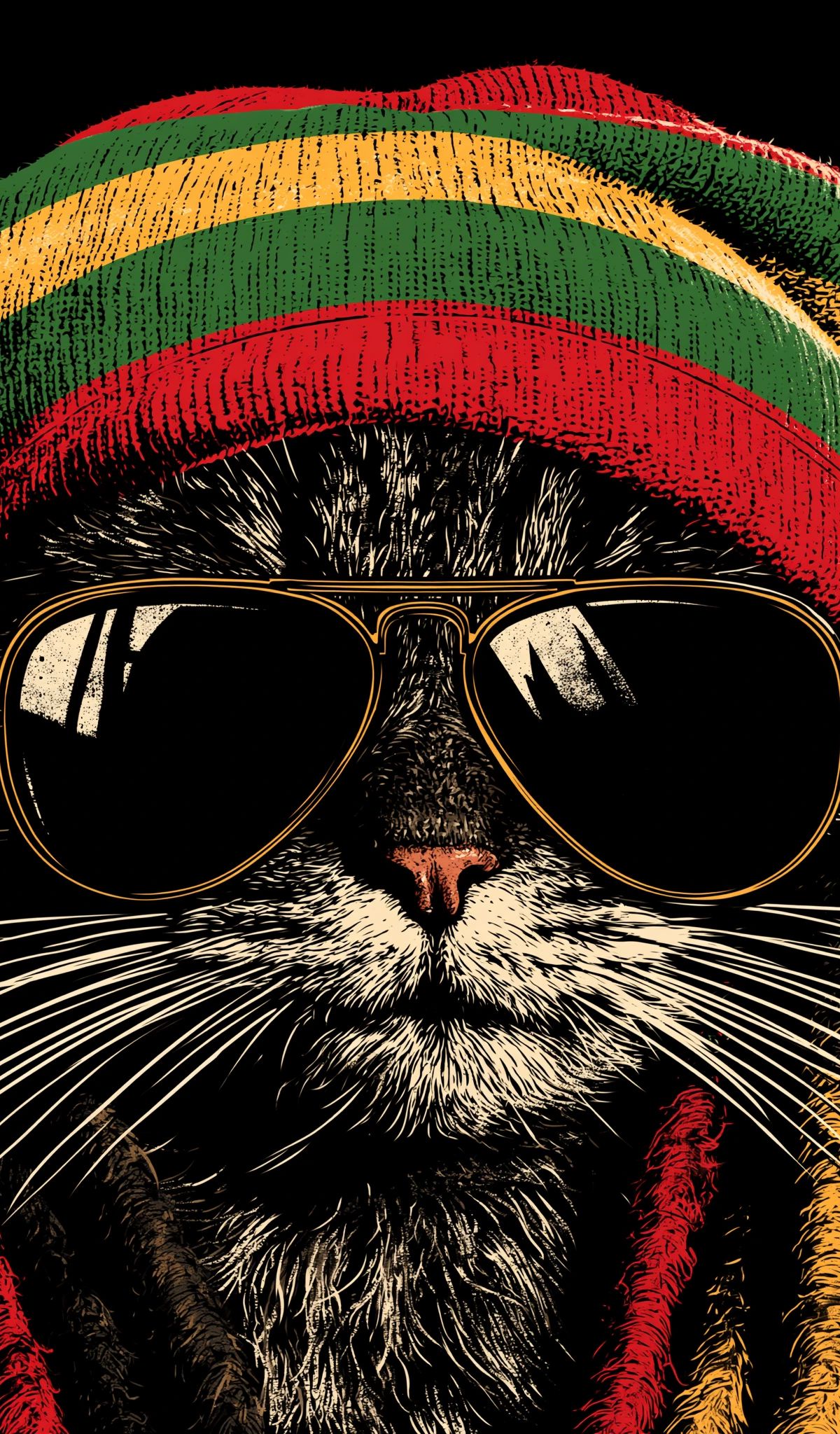 A cool cat wearing gold aviator sunglasses and a red, yellow, and green rasta beanie hat against a black background