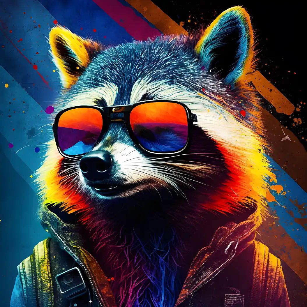 Cool raccoon portrait wearing sunglasses with colorful neon fur and abstract background.