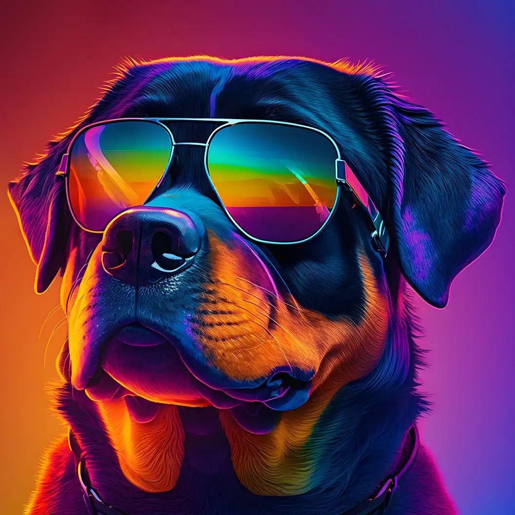 Synthwave-inspired portrait of a Rottweiler dog wearing reflective neon sunglasses.
