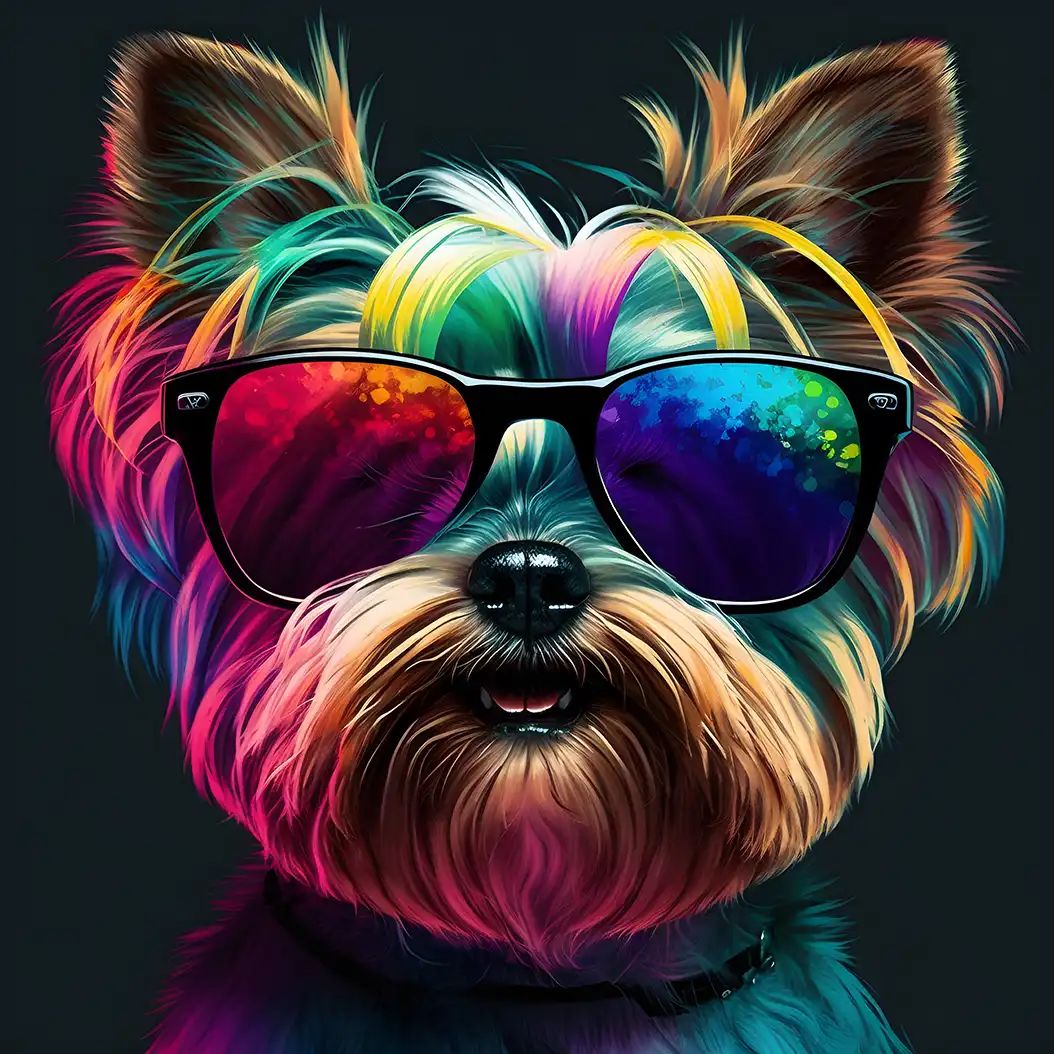 Stylish Yorkshire Terrier wearing reflective sunglasses in a colorful neon pop-art style.