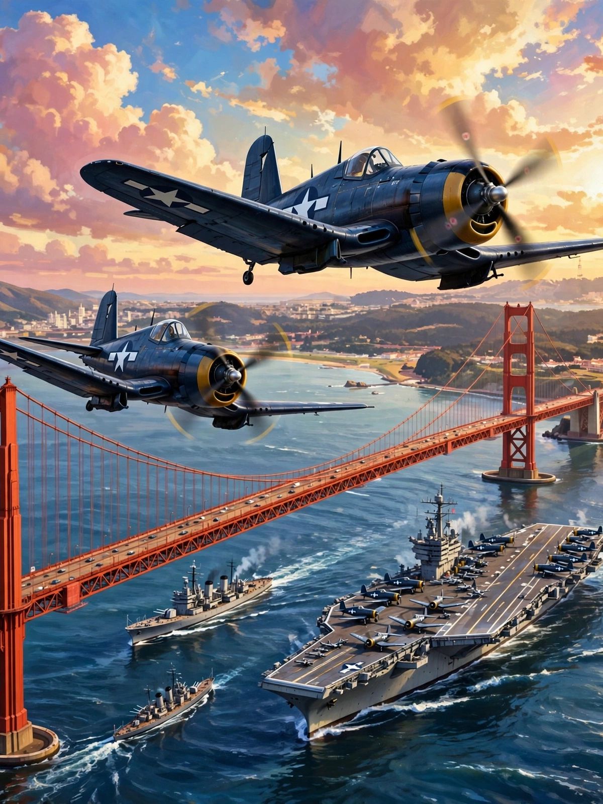 Two blue and gold Vought Corsair fighter planes flying in formation above the Golden Gate Bridge, San Francisco Bay, and a naval aircraft carrier at sunset