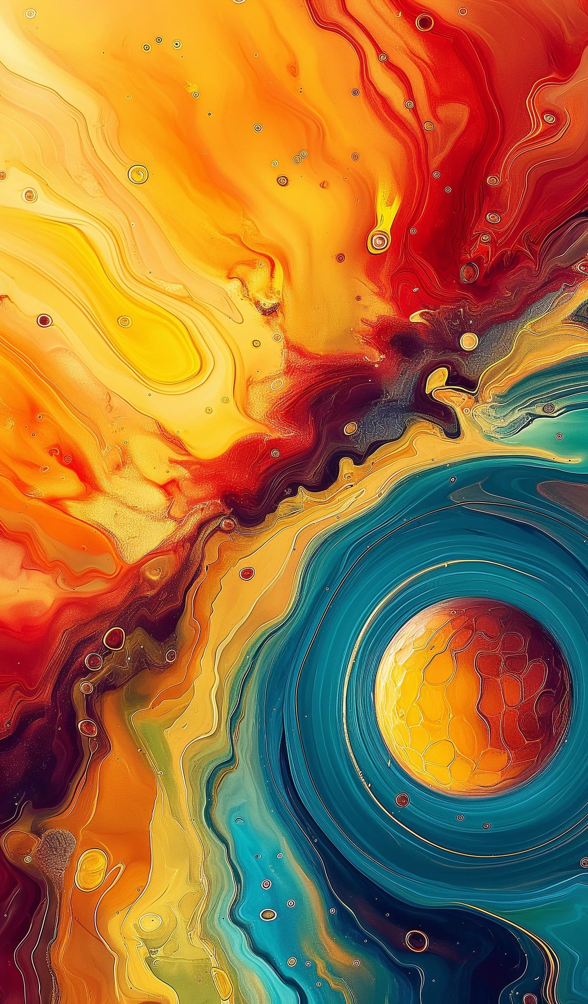 Abstract digital art with swirling orange, red, yellow, and turquoise patterns flowing around a central glowing sphere, featuring fluid organic shapes and metallic circular details