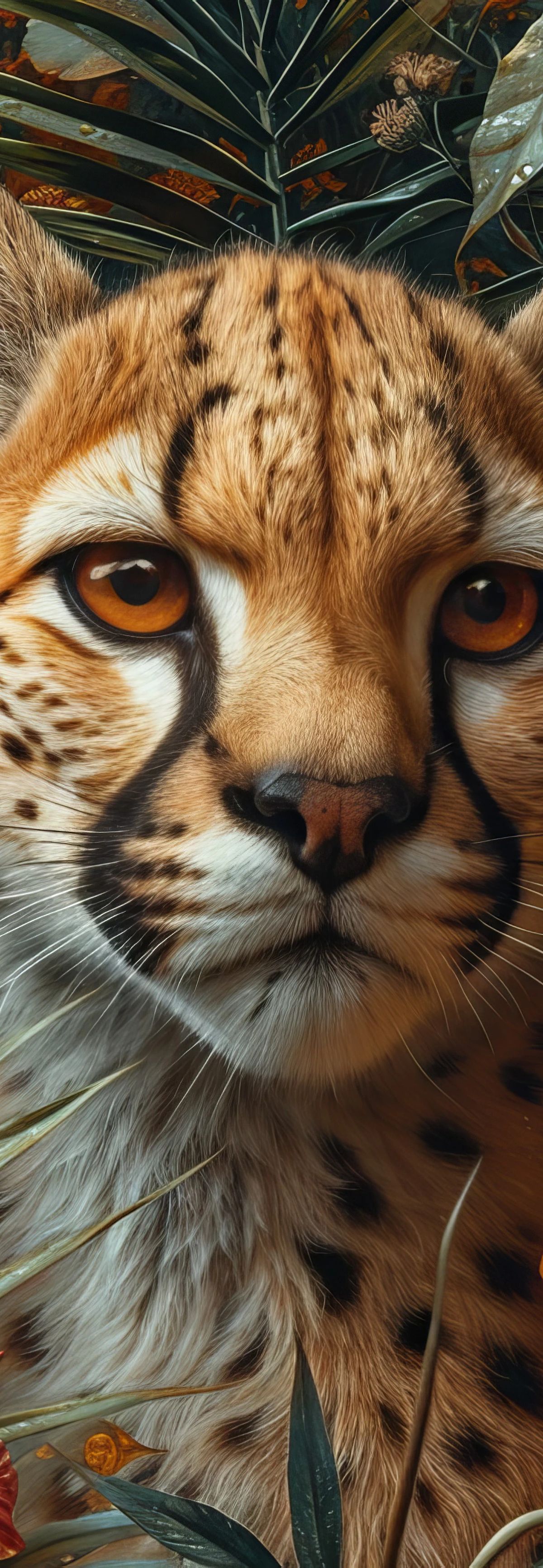 A cougar's head surrounded by orange and red iris flowers and green foliage against a dark background