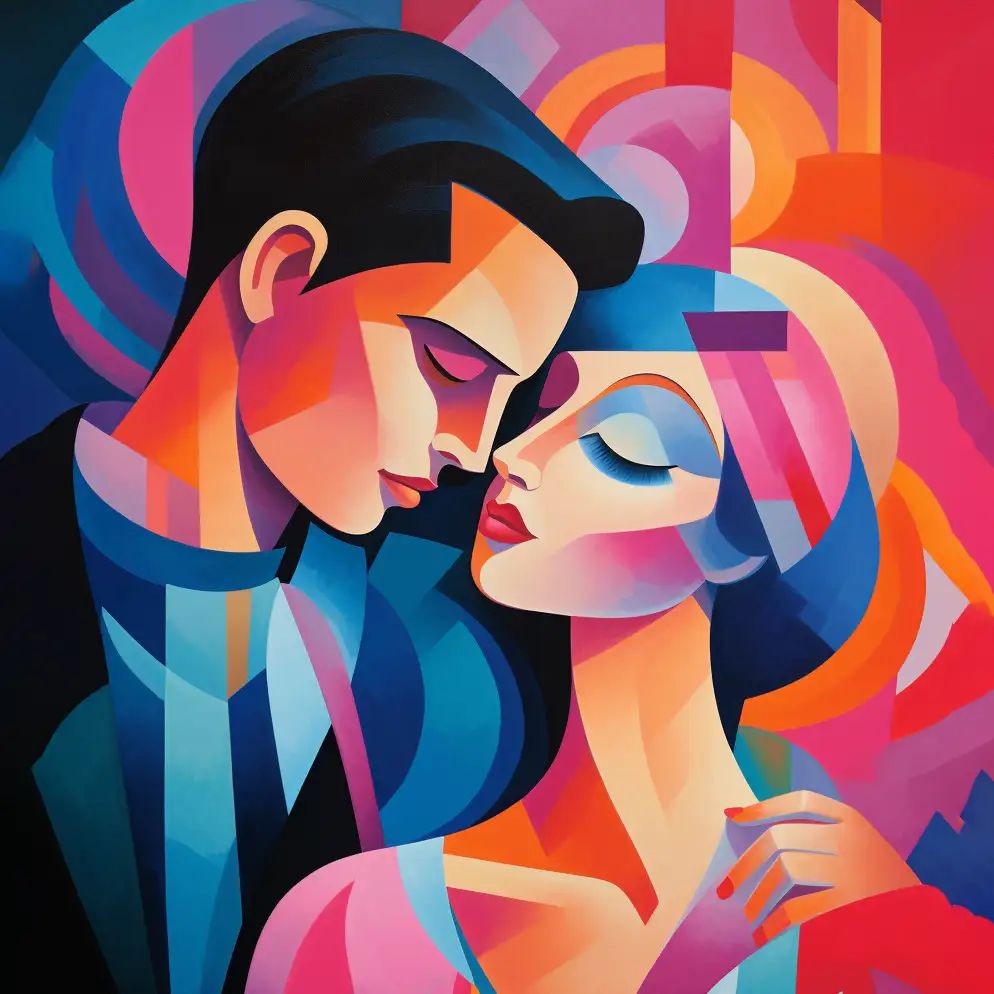 Cubist-style painting of a man and woman with eyes closed, faces nearly touching, rendered in angular blue, orange and pink shapes.