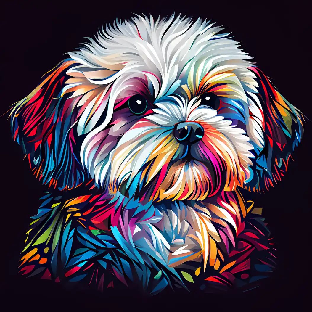 Cute Bichon Maltese dog portrait with colorful neon fur and glowing details.