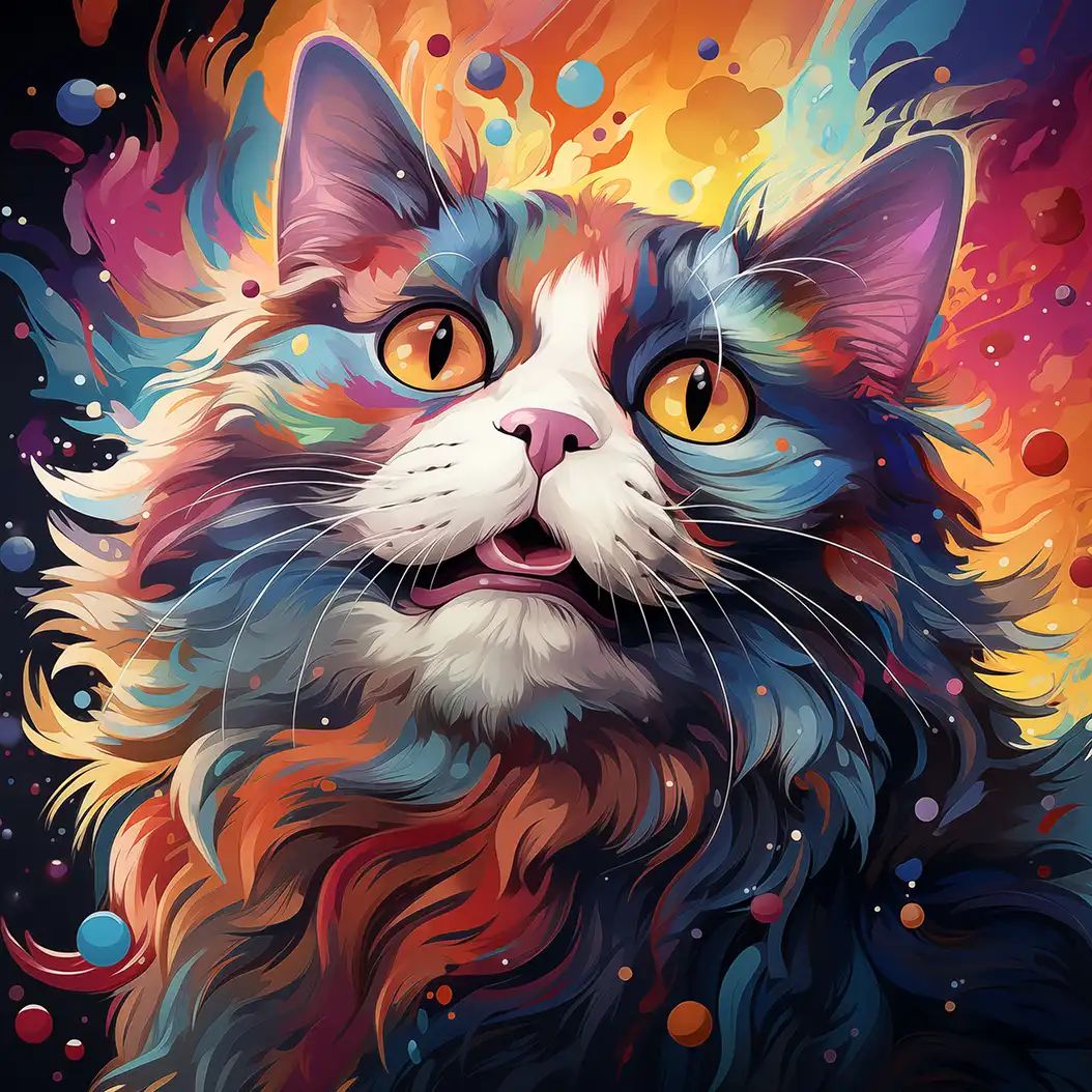 A close-up digital art portrait of a cat with vibrant, multicolored fur and wide yellow eyes.
