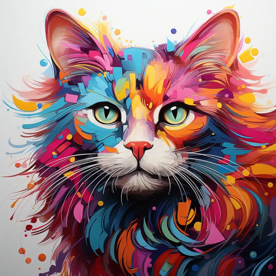 An abstract, digital art portrait of a cat with its fur rendered in bright, vibrant splashes and blocks of multiple colors, and piercing green eyes.