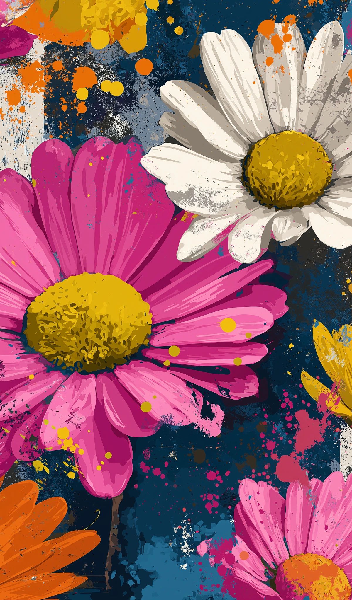 Colorful digital artwork featuring pink, white, and yellow daisies with textured paint splatters and grunge elements on a dark teal and magenta background