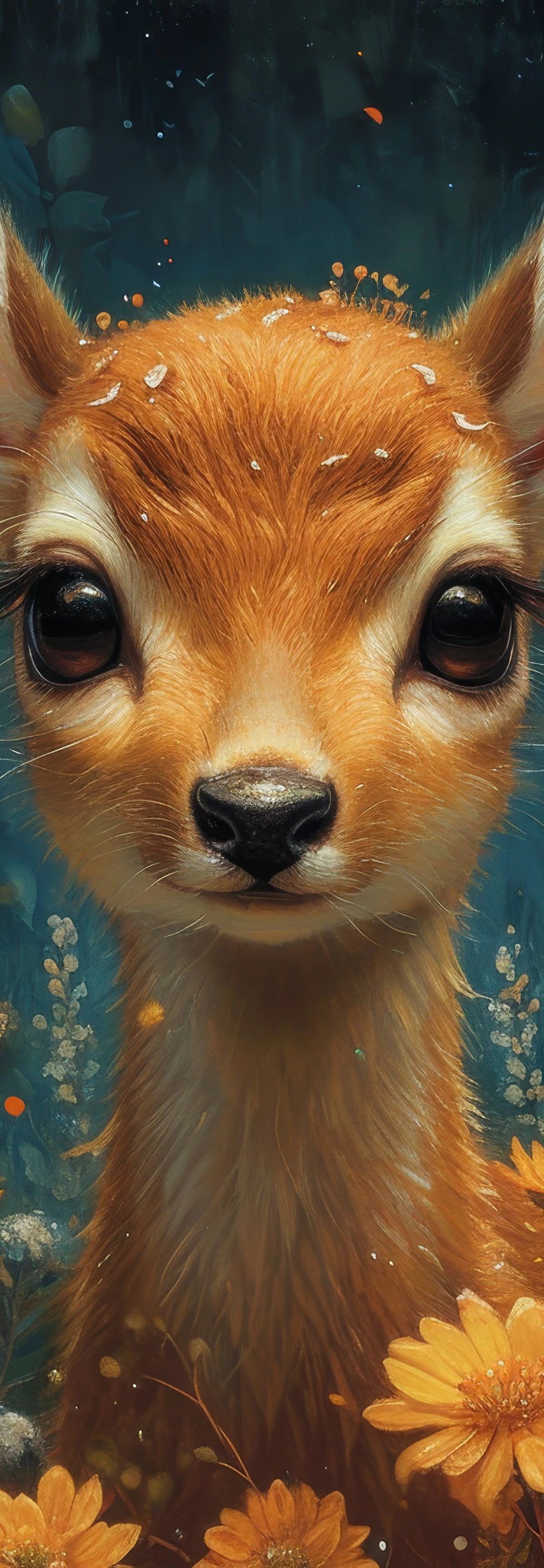A young deer with reddish-brown fur and large ears stands amid a field of golden daisies and white flowers on a dark teal background