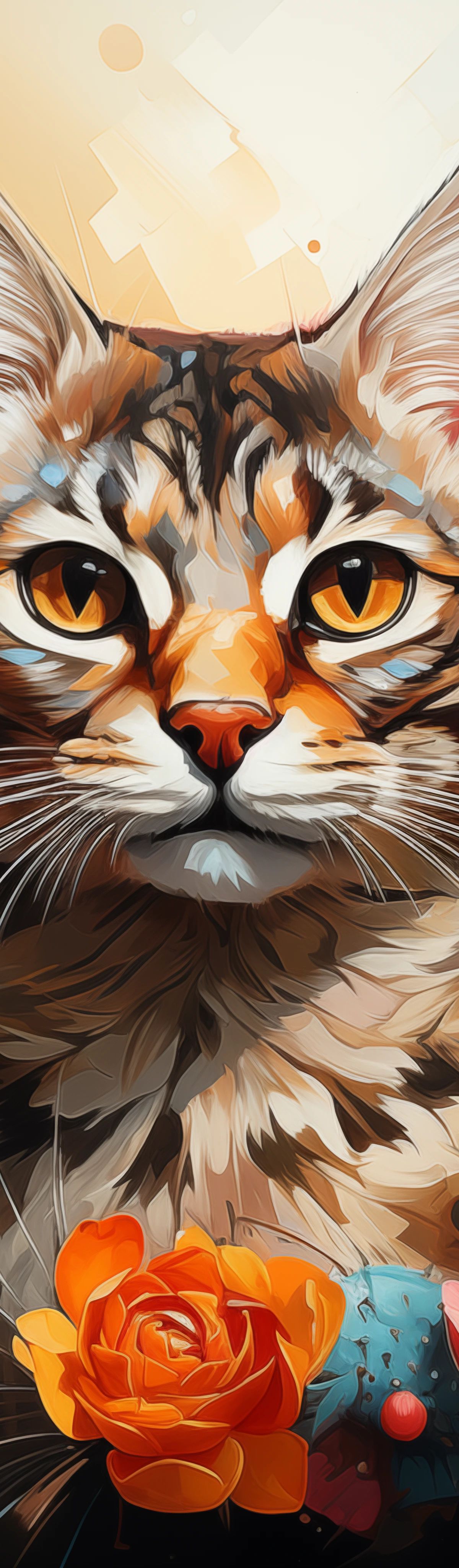 Digital illustration of a tabby cat with large pink ears and golden eyes, surrounded by blooming roses in red and orange, green cacti with pink flowers, and an abstract city skyline in warm golden and blue tones