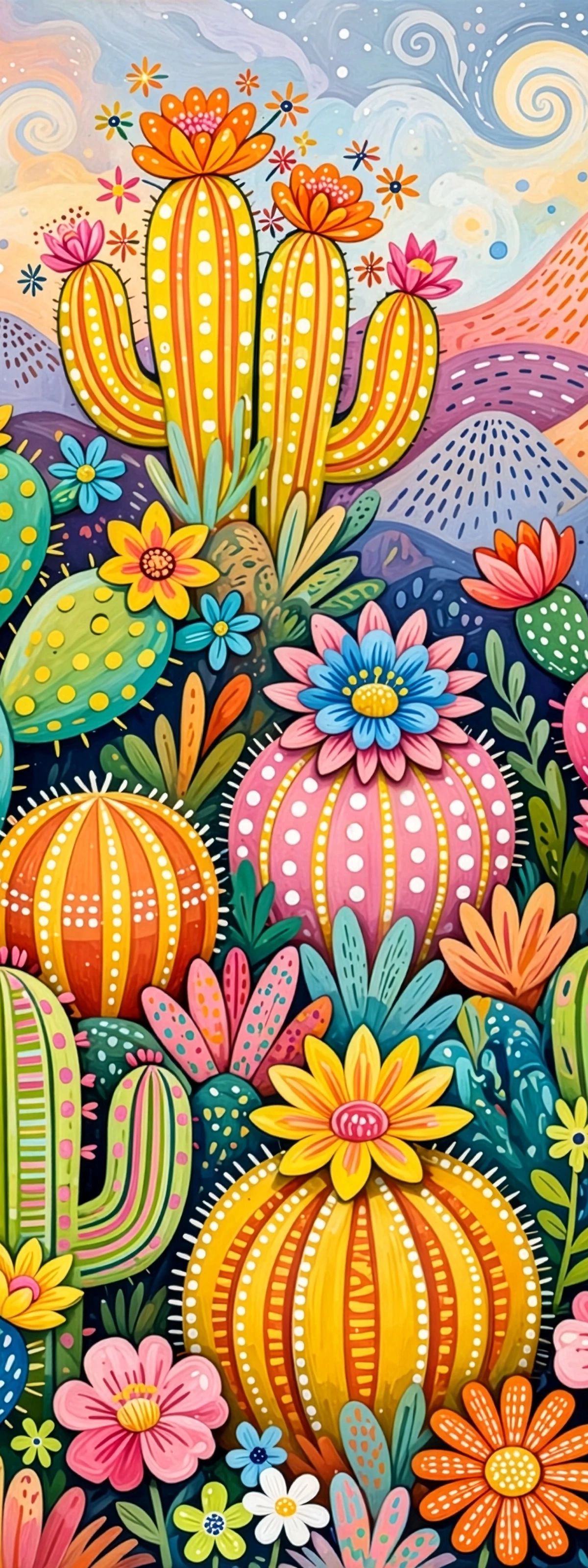 Colorful illustration of various cacti species with bold dot and stripe patterns, surrounded by vibrant wildflowers, set against a stylized desert landscape with rolling hills and a swirling sky