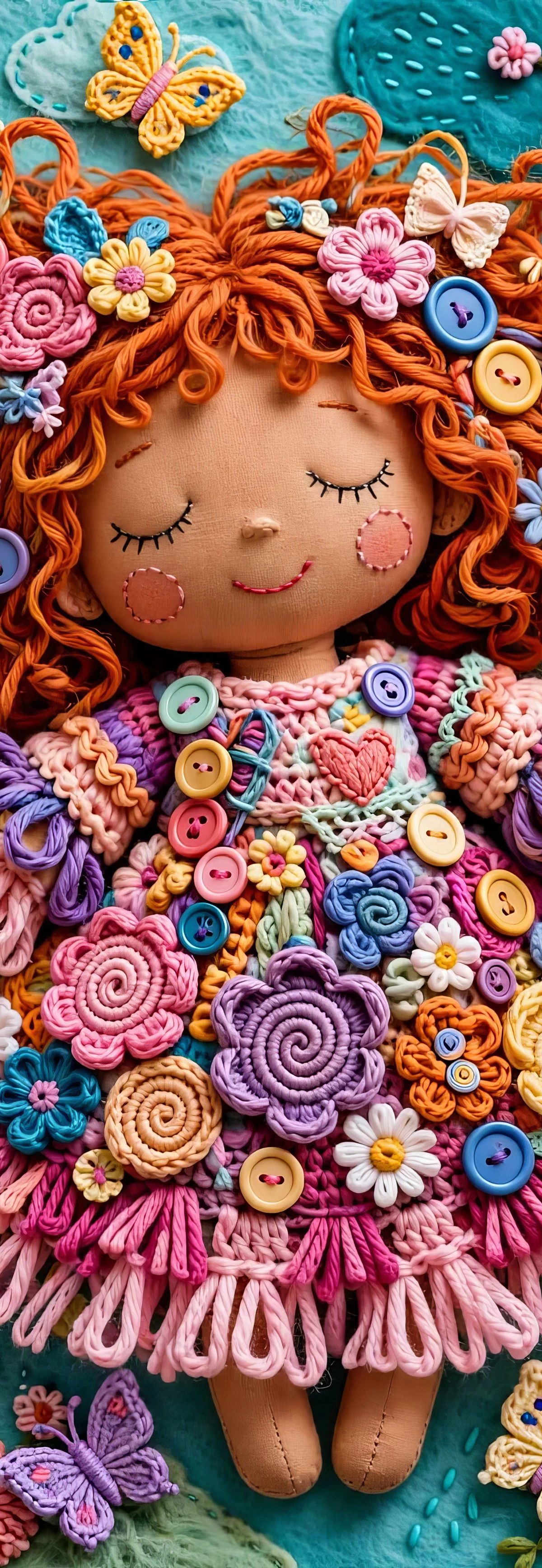 A handmade doll with orange curly hair wearing a colorful crocheted flower dress, surrounded by dimensional crocheted flowers in pink, purple, orange, blue, and yellow against a turquoise background