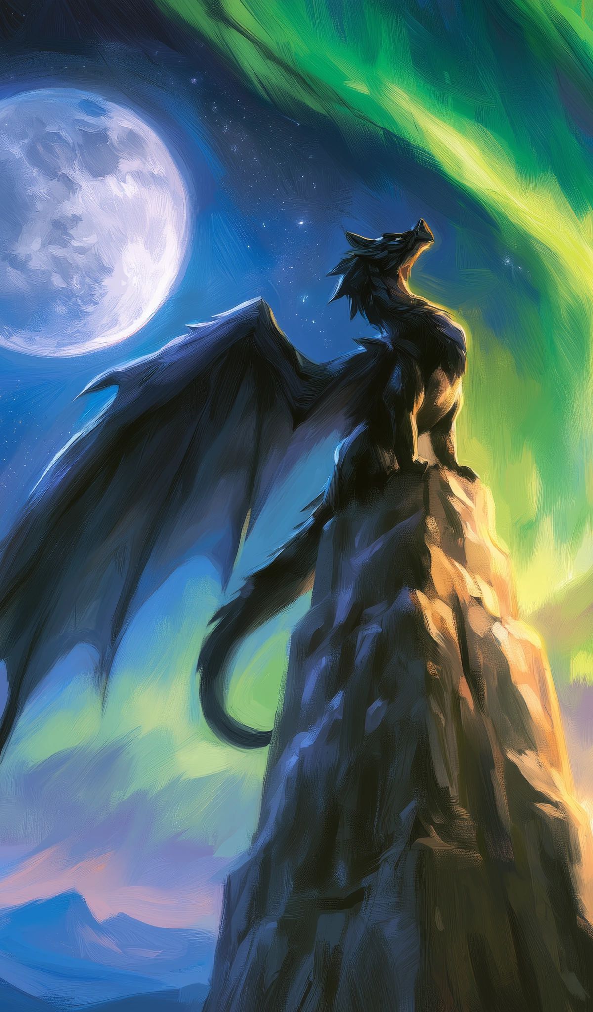 A dark dragon with large wings stands on a stone cliff, looking up at a bright blue moon surrounded by green and yellow aurora borealis lights in a starry night sky