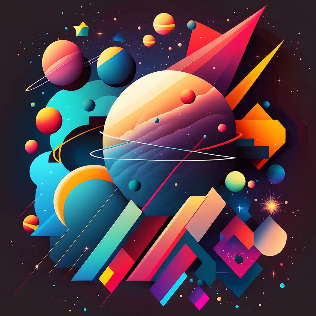 An abstract, colorful image featuring planets and geometric shapes in a vibrant cosmic scene, against a dark, star-filled background.