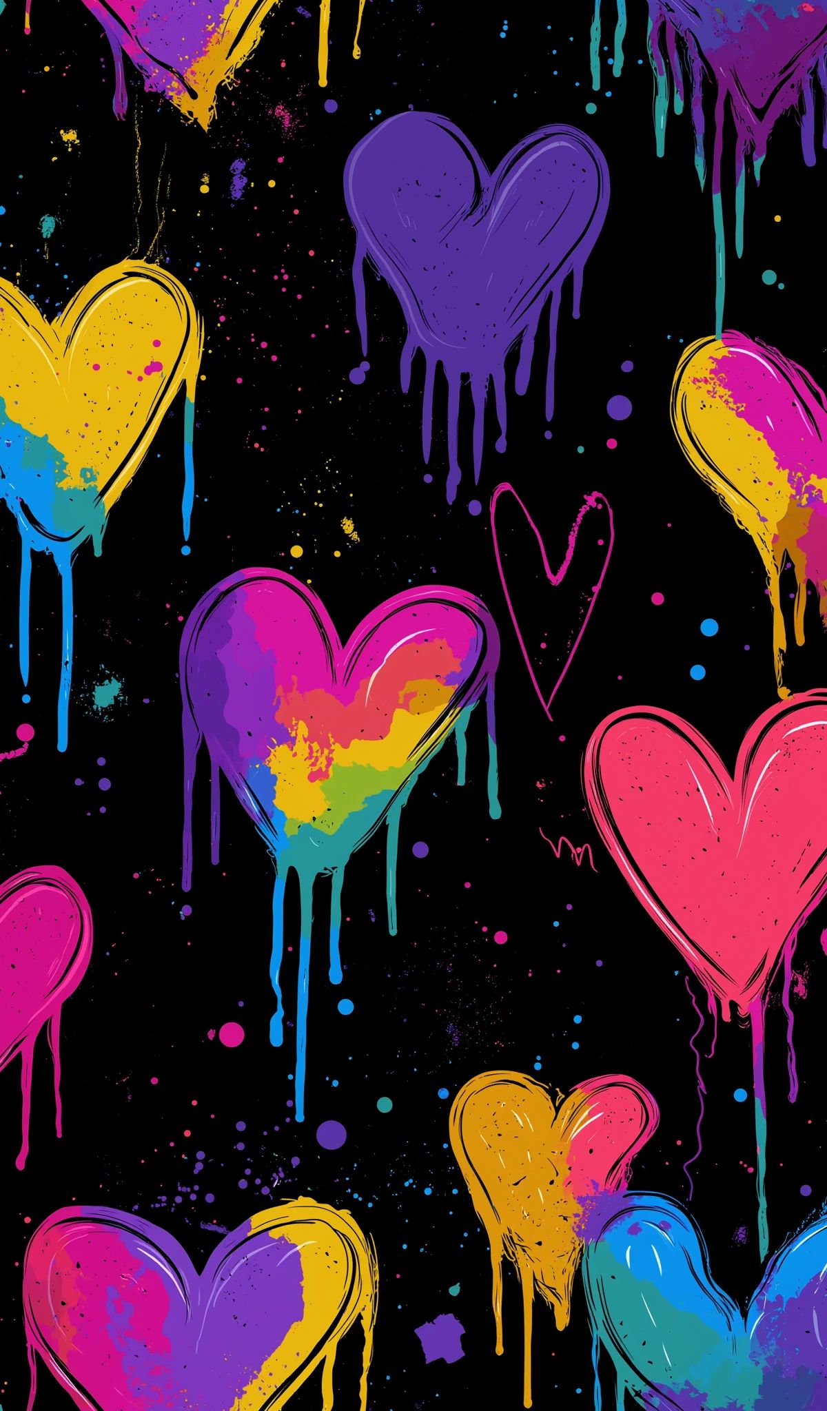 Multiple colorful hearts with dripping paint effect on black background, featuring neon pink, blue, yellow, and purple colors with splatter details