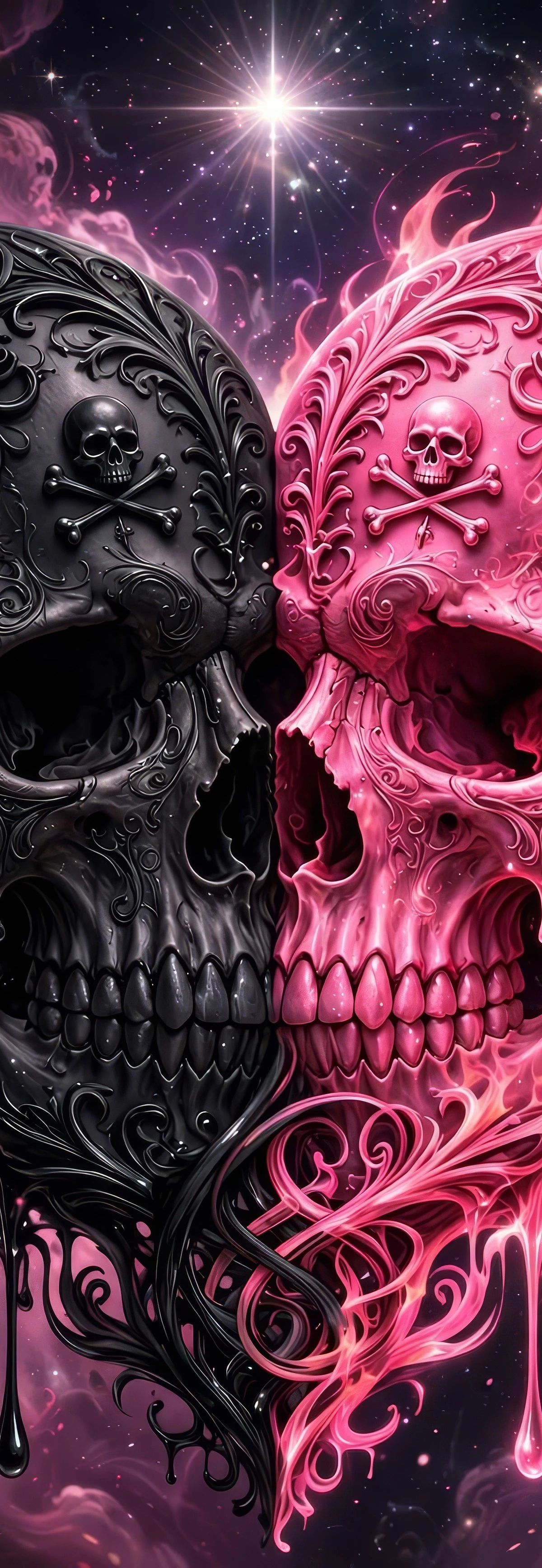 Two decorative skulls with intricate baroque patterns, one black and one pink, surrounded by cosmic nebula clouds, stars, and dripping effects