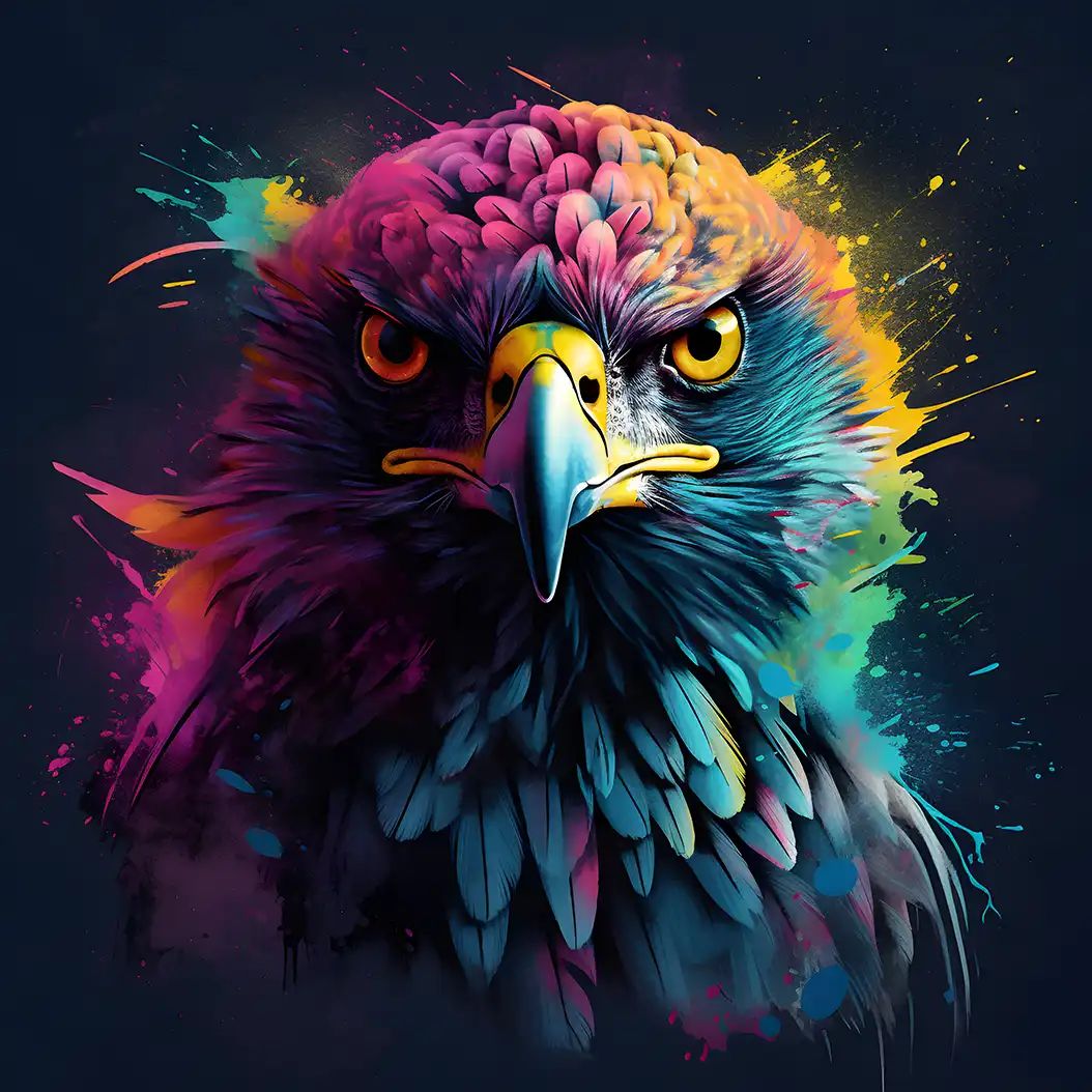 Dramatic colorful portrait of a vulture bird with glowing feathers and abstract neon-style background.