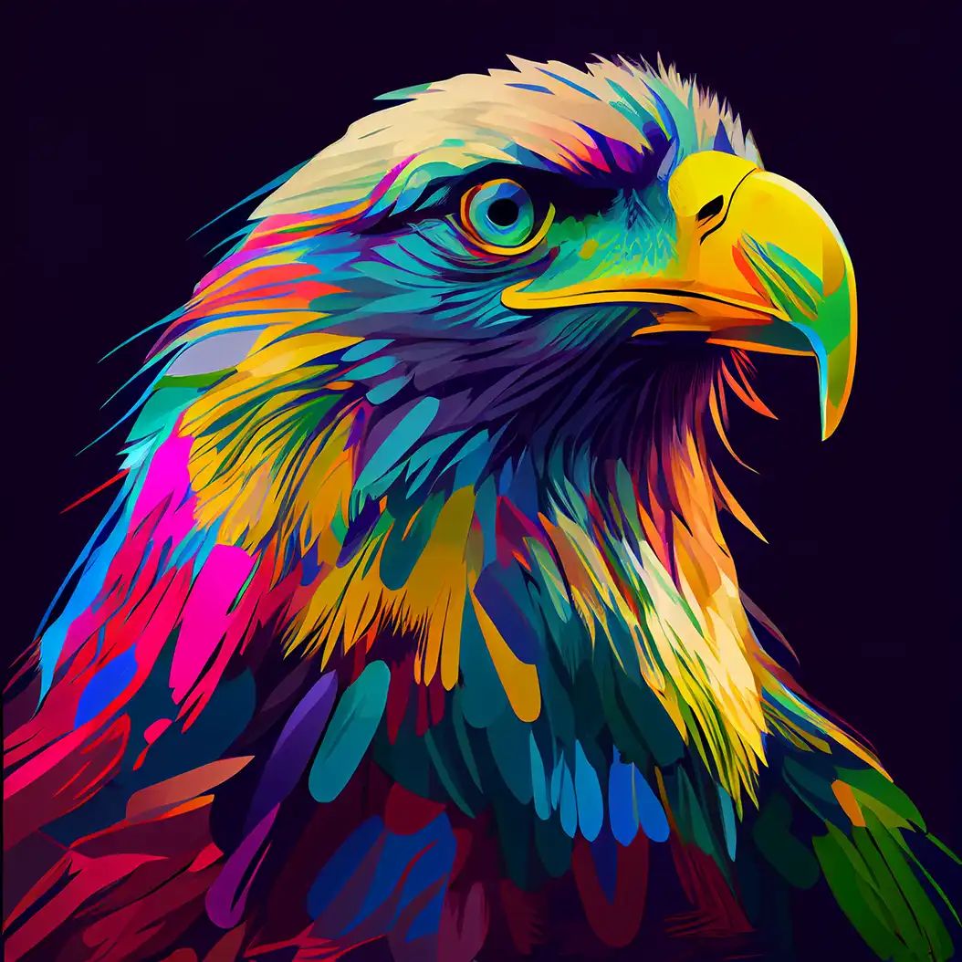 Powerful eagle portrait with glowing neon feathers and intense eyes.
