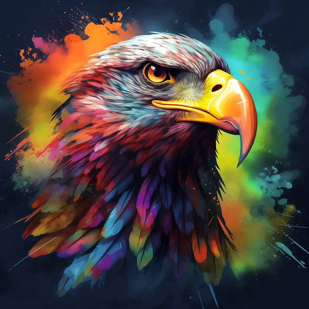 Vibrant artistic illustration of an eagle-like vulture bird with colorful feathers and glowing background.