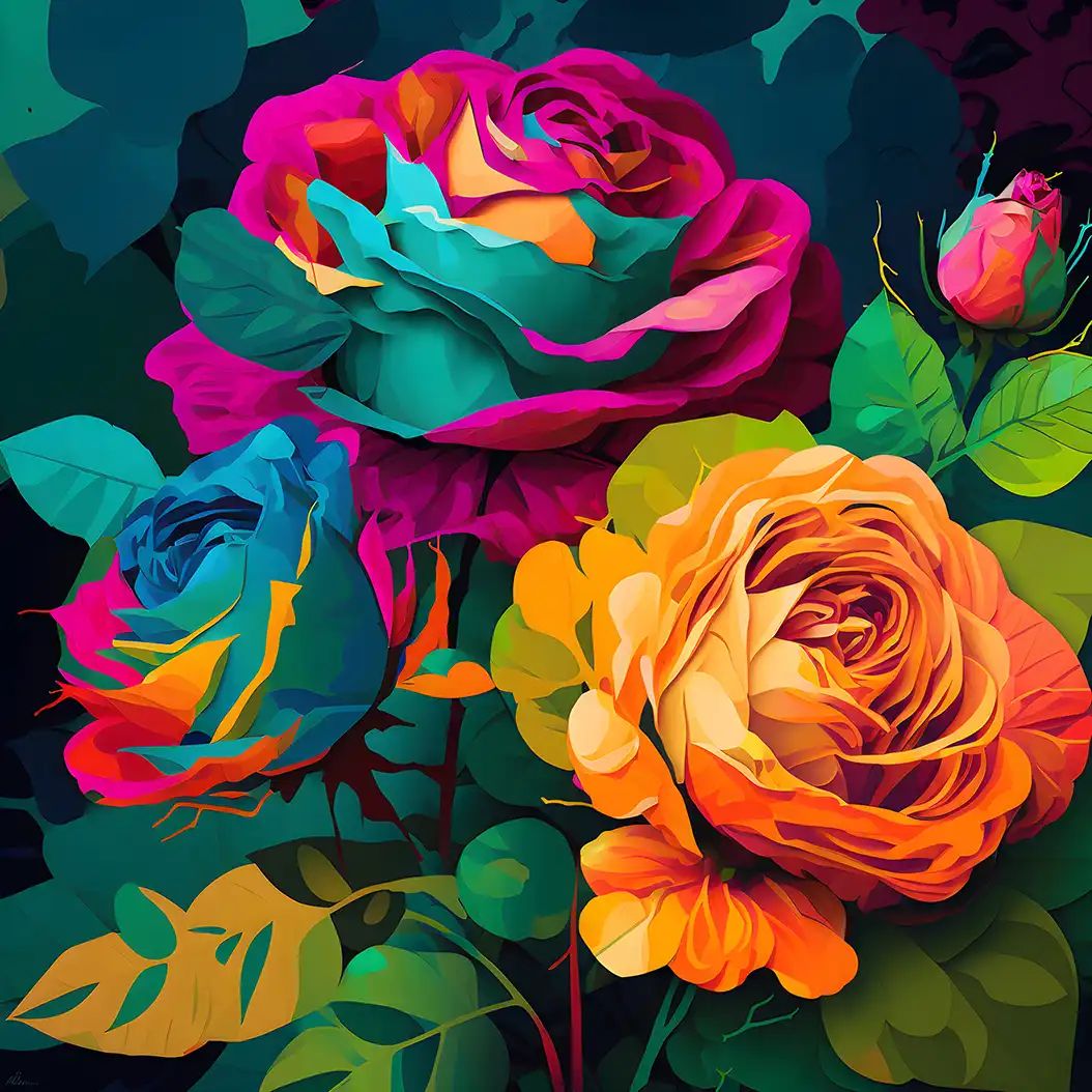 Elegant bouquet of colorful roses with vivid petals and rich fantasy tones.