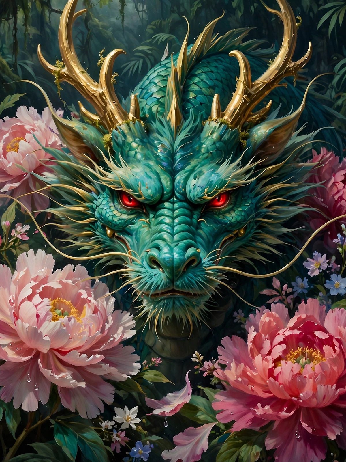 A teal-scaled dragon with red eyes and curved golden horns surrounded by pink peonies, smaller pink and purple flowers, and dark forest foliage in an ornate fantasy illustration.