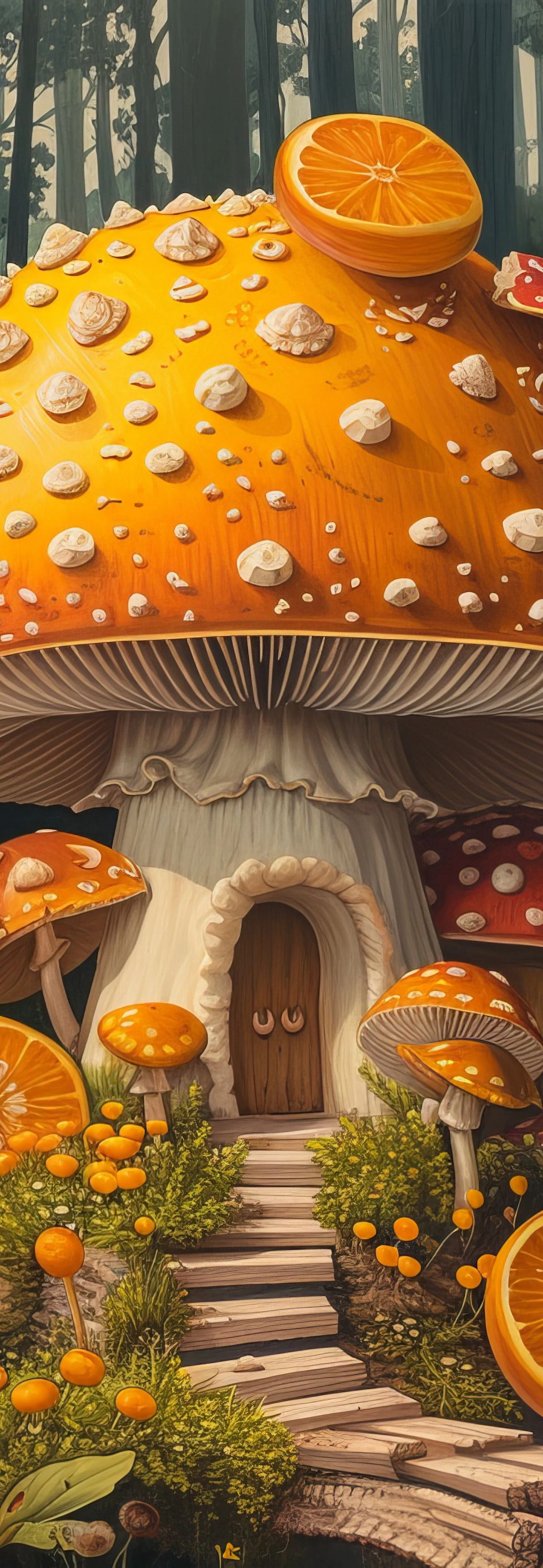 An illustrated fantasy forest scene featuring a large orange and red spotted mushroom house with a wooden door, surrounded by smaller mushrooms, orange slices, moss, and ancient trees