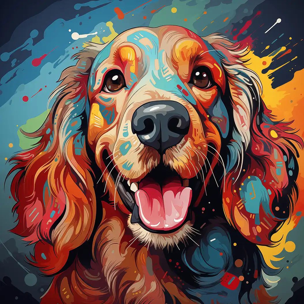 Colorful digital illustration of a smiling English Cocker Spaniel with paint splatter effects in vivid reds, blues, and oranges.