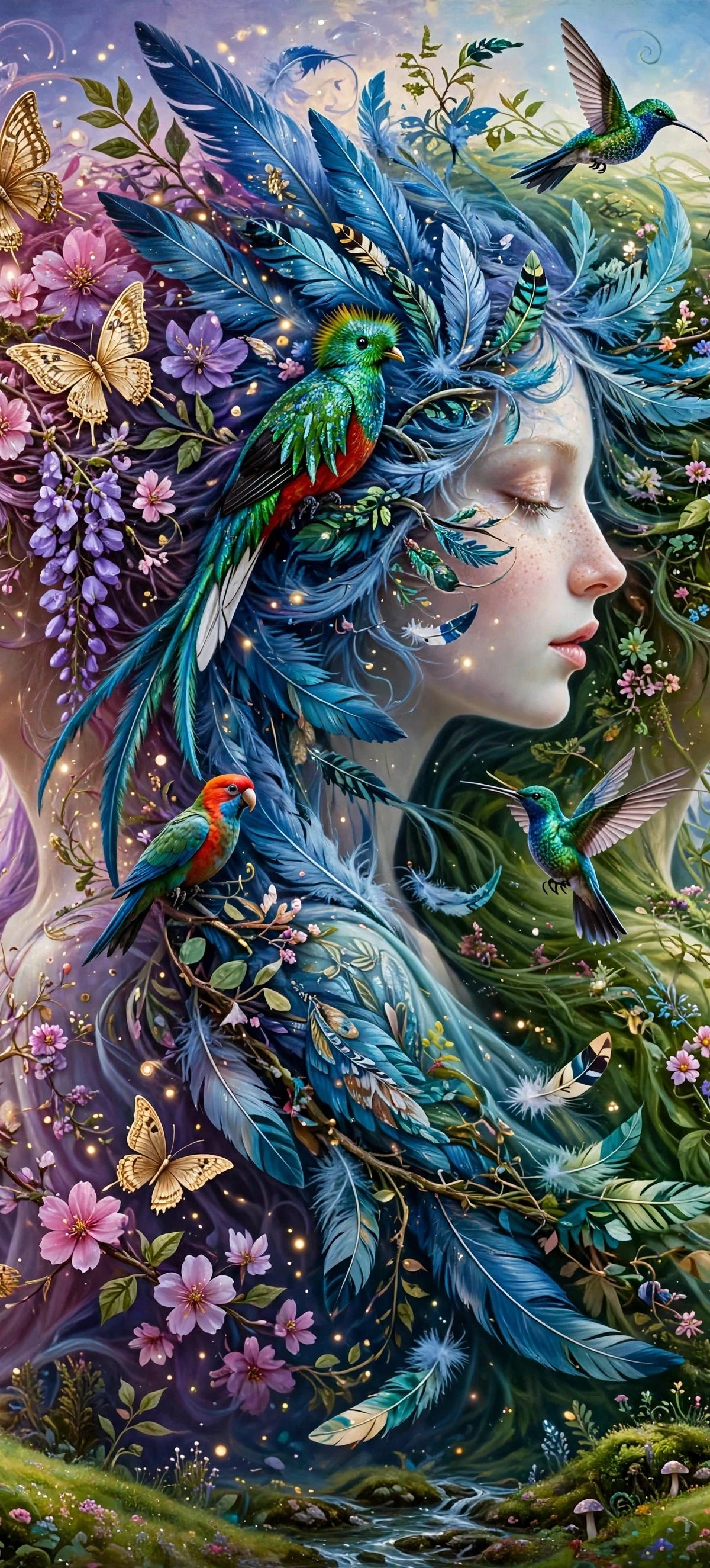 Three female profiles facing left, adorned with large blue feathers and flowering vines. The left profile wears purple flowers and butterflies, the center features a colorful hummingbird and green foliage, and the right shows spring blossoms. Mountain landscapes and lush valleys frame each figure.