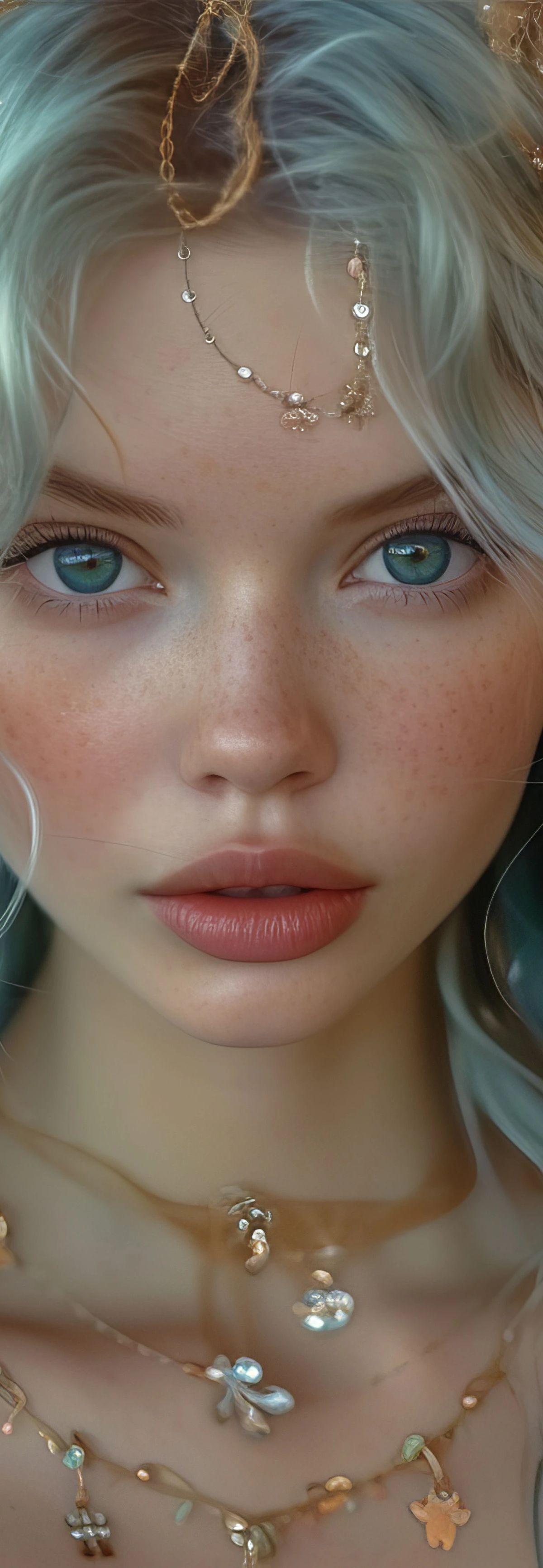 Digital portrait of a young woman with long wavy turquoise-sage hair, pale complexion, turquoise eyes, and delicate pearl and gold jewelry including a tiara, earrings, and ornamental necklaces