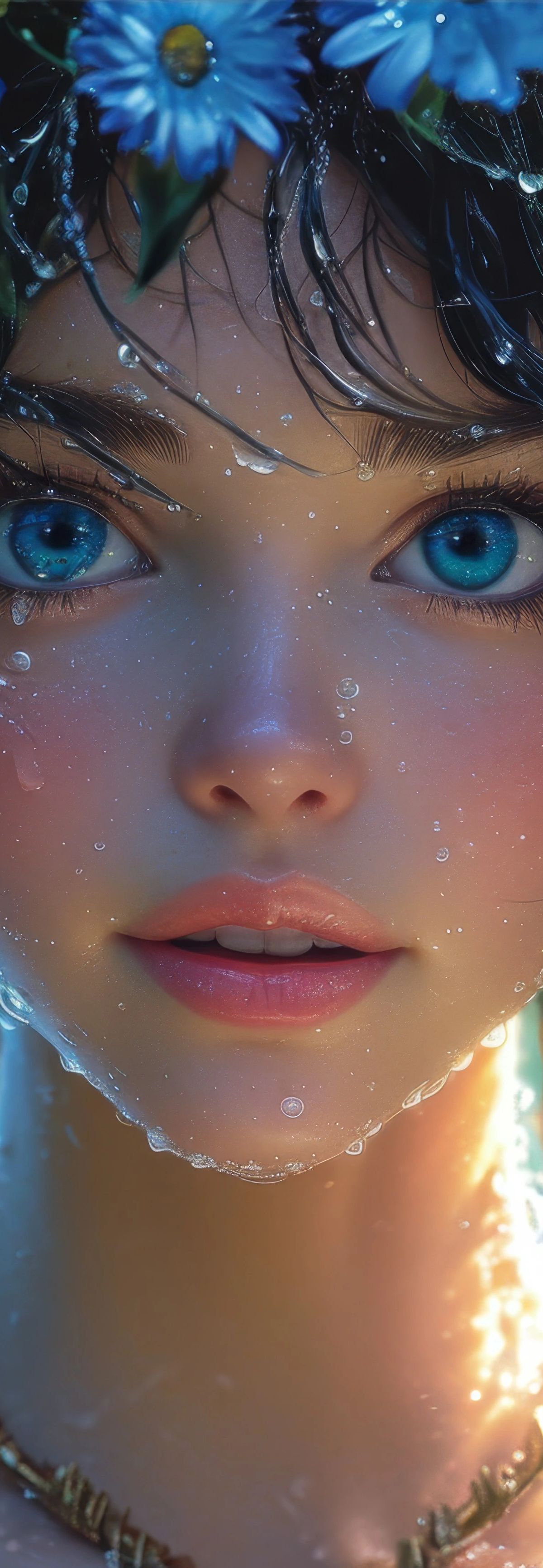 Digital portrait of a young woman with wet black curled hair, striking turquoise eyes, and face adorned with water droplets, surrounded by blue and pink flowers and glowing particles