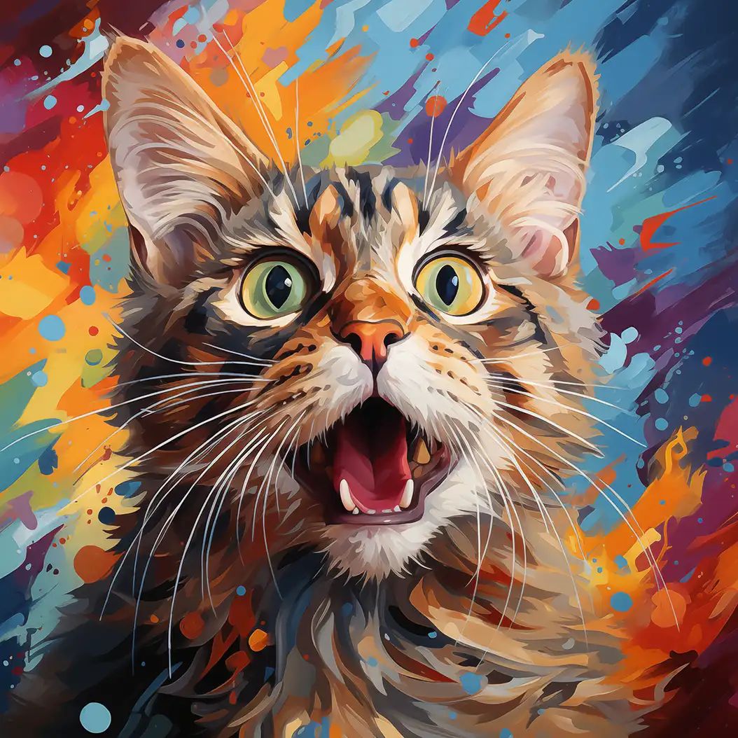 Cute European Shorthair kitten portrait with vivid artistic paint effects.
